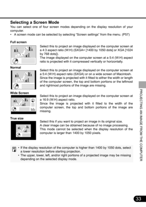 Page 3333
PROJECTING AN IMAGE FROM THE COMPUTER
Selecting a Screen Mode
You can select one of four screen modes depending on the display resolution of your
computer.
• A screen mode can be selected by selecting “Screen settings” from the menu. (P57)
Full screen
Normal
Wide Screen
Tr u e si z e
• If the display resolution of the computer is higher than 1400 by 1050 dots, select
a lower resolution before starting projection.
• The upper, lower, left, and/or right portions of a projected image may be missing...