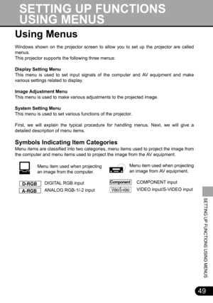Page 4949
SETTING UP FUNCTIONS USING MENUS
Using Menus
Windows shown on the projector screen to allow you to set up the projector are called
menus.
This projector supports the following three menus:
Display Setting Menu
This menu is used to set input signals of the computer and AV equipment and make
various settings related to display.
Image Adjustment Menu
This menu is used to make various adjustments to the projected image.
System Setting Menu
This menu is used to set various functions of the projector....