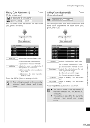 Page 103103
SETTING UP FUNCTIONS FROM MENUS
Setting the Image Quality
Making Color Adjustment (1)
[Color adjustment]
You can make color adjustment for each color
(red, green, and blue).
T
T
Press the [MENU] button when you finish.
Making Color Adjustment (2)
[Color adjustment]
You can adjust color level and color balance and
make color adjustment for each color (red,
green, and blue).
T
T
Press the [MENU] button when you finish.
Image adjustment
Color adjustment
Adjusts the intensity of each color.
[>] Increases...