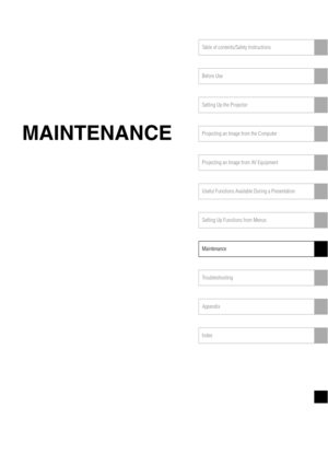 Page 115Table of contents/Safety Instructions
Before Use
Setting Up the Projector
Projecting an Image from the Computer
Projecting an Image from AV Equipment
Useful Functions Available During a Presentation
Setting Up Functions from Menus
Maintenance
Troubleshooting
Appendix
Index
MAINTENANCE 