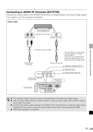 Page 6565
PROJECTING AN IMAGE FROM AV EQUIPMENT
Connecting to AUDIO IN Terminals (SX7/X700)
Connect an audio cable to the AUDIO IN terminal corresponding to the input image signal
if you want to use the projector’s speaker.
zThe speaker outputs the audio signal corresponding to the selected image signal.
zUse an audio cable without a built-in resistor. Using an audio cable with a built-in resistor
turns down the sound.
zConnect the audio cable between the AUDIO OUT terminal and an external audio-visual...
