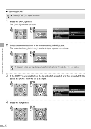 Page 7070
PROJECTING AN IMAGE FROM AV EQUIPMENT
„Selecting SCART
1Press the [INPUT] button.
The [INPUT] window appears.
2Select the second top item in the menu with the [INPUT] button.
The selection is toggled through available input signals from above.
3If the SCART is unavailable from the list at the left, press [>], and then press [ ] / [ ] to
select the SCART from the list at the right.
4Press the [OK] button.
zSelect [SCART] for Input Terminal-2.
zYou can select any input signal type from all options...