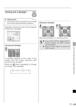 Page 8181
USEFUL FUNCTIONS AVAILABLE DURING A PRESENTATION
Pointing with a Spotlight
XUseful when:
XYou want to point to a portion of an image
that should draw attendees attention.
Highlight a desired portion of the projected
image with a spotlight.
Showing the Spotlight
A spotlight appears at the center of the
screen and the image becomes dark
except for the spotlight.
Press the   button repeatedly to change
the shape of the spotlight.
Moving the Spotlight
Move the spotlight to a desired position.
zIf you...