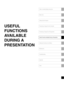 Page 75Table of contents/Safety Instructions
Before Use
Setting Up the Projector
Projecting an Image from the Computer
Projecting an Image from AV Equipment
Useful Functions Available During a Presentation
Setting Up Functions from Menus
Maintenance
Troubleshooting
Appendix
Index
USEFUL 
FUNCTIONS 
AVAILABLE 
DURING A 
PRESENTATION 