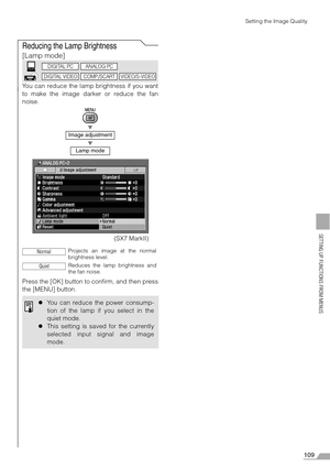 Page 109109
SETTING UP FUNCTIONS FROM MENUS
Setting the Image Quality
Reducing the Lamp Brightness
[Lamp mode]
You can reduce the lamp brightness if you want
to make the image darker or reduce the fan
noise.
T
T
Press the [OK] button to confirm, and then press
the [MENU] button.
Image adjustment
Lamp mode
Projects an image at the normal
brightness level.
Reduces the lamp brightness and
the fan noise.
zYou can reduce the power consump-
tion of the lamp if you select in the
quiet mode.
zThis setting is saved for...