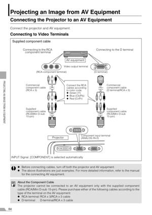 Page 6464
PROJECTING AN IMAGE FROM AV EQUIPMENT
Projecting an Image from AV Equipment
Connecting the Projector to an AV Equipment
Connect the projector and AV equipment.
Connecting to Video Terminals
zBefore connecting cables, turn off both the projector and AV equipment.
zThe above illustrations are just examples. For more detailed information, refer to the manual
for the connecting AV equipment.
About the Component Cable
The projector cannot be connected to an AV equipment only with the supplied component...