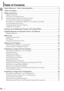 Page 44
TABLE OF CONTENTS
Table of Contents
Quick Reference – How to start projection ............................................................. 2
Table of Contents ................................................................................................... 4
Safety Instructions .................................................................................................. 7
Safety...