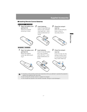 Page 2727
Supplied Accessories
Before Use
■Installing Remote Control Batteries
 If buttons on the remote control are inoperative when you attempt to operate the projector, 
replace the batteries with new ones.
 Do not drop the remote control or subject it to impact.
 Do not spill any liquids on the remote controller. Doing so could damage it.
1Open the battery com-
partment lid.
Raise the battery 
cover tab while push-
ing it.3Close the compart-
ment lid.
Insert the tab into the 
remote control notch 
(1) and...