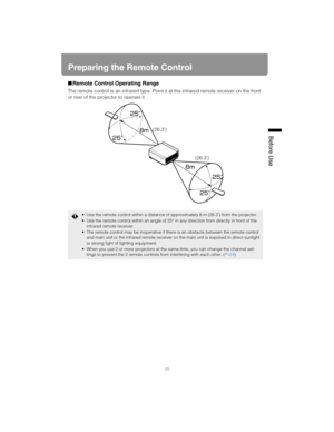 Page 2929
Before Use
Preparing the Remote Control
■Remote Control Operating Range
The remote control is an infrared type. Point it at the infrared remote receiver on the front 
or rear of the projector to operate it.
 Use the remote control within a distance of approximately 8 m (26.3) from the projector.
 Use the remote control within an angle of 25° in any direction from directly in front of the 
infrared remote receiver.
 The remote control may be inoperative if there is an obstacle between the remote...