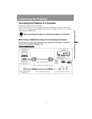 Page 4747
User’s ManualProjectin
g an Ima
ge
Connecting the Projector
Connecting the Projector to a Computer
Connect the projector to the computer.
A digital connection (P50) is recommended when projecting an image in high quality.
When using a computer with an HDMI output terminal, a digital connection (P51) can be 
made using an HDMI cable.
■Connecting to RGB Monitor Output Terminal (Analog Connection)
Connecting with a VGA cable (Input signal type: [Analog PC] (WUX5000 / WUX4000), 
[Analog PC-1] (WX6000 /...