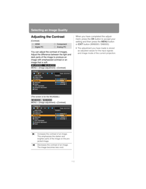 Page 112Selecting an Image Quality
112
Adjusting the Contrast
[Contrast]
You can adjust the contrast of images.
Adjust the difference between the light and 
dark parts of the image to produce an 
image with emphasized contrast or an 
image that is soft.
MENU > [Image adjustment] > [Contrast]
(The screen is for the WUX5000.)
MENU > [Image adjustment] > [Contrast]
When you have completed the adjust-
ment, press the OK button to accept your 
setting and then press the MENU button 
or EXIT button (WX6000 / SX6000)....