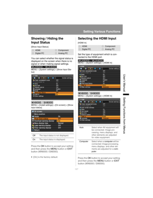 Page 127127
Setting Various Functions
User’s ManualSettin
g Functions from Menus
Showing / Hiding the 
Input Status
[Show Input Status]
You can select whether the signal status is 
displayed on the screen when there is no 
signal or when making signal settings.
MENU > [System settings] > [Show Input Sta-
tus]
MENU > [Install settings] > [On screen] > [Show 
input status]
Press the OK button to accept your setting 
and then press the MENU button or EXIT 
button (WX6000 / SX6000).
 [On] is the factory default....
