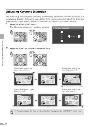 Page 5252
PROJECTING AN IMAGE FROM THE COMPUTER
Adjusting Keystone Distortion
The Auto setup function (Auto keystone) automatically adjusts the keystone distortion in a
longitudinal direction. Follow the steps below if the function does not adjust the distortion
appropriately or you want to adjust the keystone distortion in a horizontal direction.
1Press the [KEYSTONE] button.
The [Keystone adjustment] windows appears.
2Press the POINTER buttons to adjust the focus.
zYou can activate the Auto keystone function...