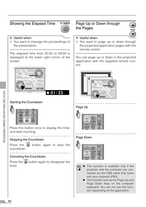 Page 8080
USEFUL FUNCTIONS AVAILABLE DURING A PRESENTATION
Showing the Elapsed Time
XUseful when:
XYou want to manage the proceedings of
the presentation.
The elapsed time from 00:00 to 59:59 is
displayed at the lower right corner of the
screen.
Starting the Countdown
Press this button once to display the timer
and start counting.
Stopping the Countdown
Press the   button again to stop the
countdown.
Canceling the Countdown
Press the   button again to disappear the
timer.
Page Up or Down through 
the Pages...