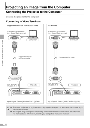 Page 3636
PROJECTING AN IMAGE FROM THE COMPUTER
Projecting an Image from the Computer
Connecting the Projector to the Computer
Connect the projector to the computer.
Connecting to Video Terminals
Supplied computer connection cable
To monitor output terminal
(mini D-sub 15-pin terminal)
Input Terminal-1
(ANALOG IN-1)Supplied computer 
connection cable
Input Signal: Select [ANALOG PC-1] (P48)Computer
Projector
VGA cable
To monitor output terminal
(mini D-sub 15-pin terminal)
Input Terminal-2
(ANALOG...