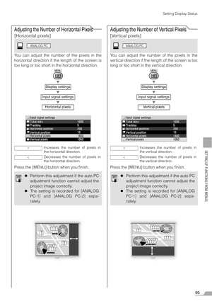 Page 9595
SETTING UP FUNCTIONS FROM MENUS
Setting Display Status
Adjusting the Number of Horizontal Pixels
[Horizontal pixels]
You can adjust the number of the pixels in the
horizontal direction if the length of the screen is
too long or too short in the horizontal direction.
T
T
T
Press the [MENU] button when you finish.
Adjusting the Number of Vertical Pixels
[Vertical pixels]
You can adjust the number of the pixels in the
vertical direction if the length of the screen is too
long or too short in the vertical...