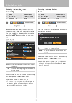 Page 102Setting the Image Quality
102
Reducing the Lamp Brightness
[Lamp mode]
Reducing the lamp brightness reduces 
power consumption and cooling fan noise. 
You can enable or disable this mode also 
with the LAMP button on the remote con-
trol.
SX80 MarkII
Press the OK button to accept your setting 
and then press the MENU button.
 [Normal] is the factory default.
 The setting you have made is stored as 
a setting value of input signals being 
projected in an image mode.
Resetting the Image Settings
[Reset]...