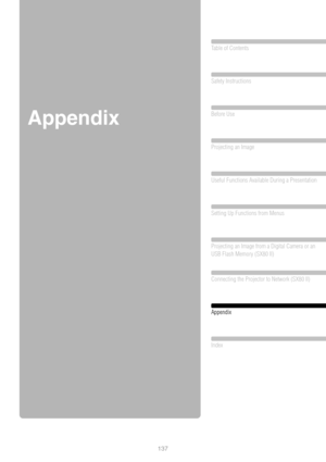 Page 137137
Table of Contents
Safety Instructions
Before Use
Projecting an Image 
Useful Functions Available During a Presentation
 
Setting Up Functions from Menus
Projecting an Image from a Digital Camera or an 
USB Flash Memory (SX80 II)
Connecting the Projector to Network (SX80 II)
Appendix
Index
Appendix 