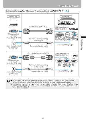 Page 4141Connecting the Projector
Projecting an Image 
Commercial or supplied VGA cable (Input signal type: [ANALOG PC-2] - P54)
 If you use a commercial VGA cable, make sure to use a full connected VGA cable in 
which all pins are connected; otherwise, an image may be projected improperly.
 Use an audio cable without a built-in resistor. Using an audio cable with a built-in resistor 
turns down the sound.
Monitor output 
terminal
(mini D-sub 15-pin) 
Audio output terminal
(AUDIO OUT)
To input a corresponding...