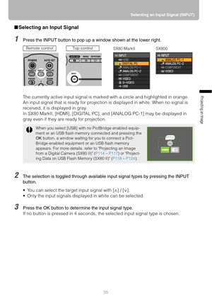 Page 5555Selecting an Input Signal (INPUT)
Projecting an Image 
■Selecting an Input Signal
1Press the INPUT button to pop up a window shown at the lower right.
The currently active input signal is marked with a circle and highlighted in orange.
An input signal that is ready for projection is displayed in white. When no signal is 
received, it is displayed in gray.
In SX80 MarkII, [HDMI], [DIGITAL PC], and [ANALOG PC-1] may be displayed in 
gray even if they are ready for projection.
2The selection is toggled...