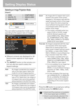 Page 7979
Setting Up Functions from Menus
Setting Display Status
Selecting an Image Projection Mode
[Aspect]
You can select a projection mode corre-
sponding to the aspect ratio of image.
 Different contents are displayed for dif-
ferent screen aspects or input signal 
types.
The ASPECT button on the remote con-
trol can also be used to select the 
Aspect settings.
Press the OK button to accept your setting 
and then press the MENU button.
HDMICOMPONENT
DIGITAL PCVIDEO/S-VIDEO
ANALOG PCUSB
AutoAn image is...