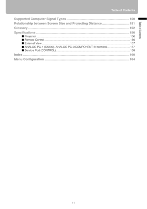 Page 1111Table of Contents
Table of ContentsSupported Computer Signal Types ........................................................................ 150
Relationship between Screen Size and Projecting Distance ............................... 151
Glossary .................................................................................................................... 152
Specifications ........................................................................................................... 156
■ Projector...