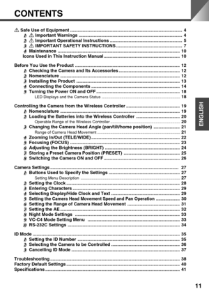 Page 1111
ENGLISH
CONTENTS
a Safe Use of Equipment .......................................................................................... 4
a Important Warnings ................................................................................... 4
a Important Operational Instructions .......................................................... 5
a IMPORTANT SAFETY INSTRUCTIONS ..................................................... 7
Maintenance...