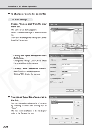 Page 68
3-24
▼ To change or delete list contents:
To make settings ...
Choose “Camera List” from the View
menu bar.
The Camera List dialog appears.
Select a camera to change or delete from the
list.
Click “Edit” to change the settings or “Delete”
to delete the camera.
1
Clicking “Edit” opens the Register Camera
(Edit) dialog.
Change the settings. Click “OK” to reflect
the new settings to the camera.
2 Clicking “Delete” deletes the  Camera.
A confirmation message appears.
Clicking “OK” deletes the camera.
▼ To...