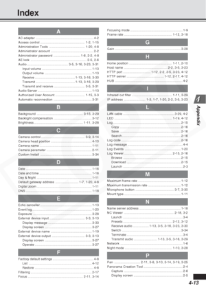 Page 93
4-13
Appendix
Index
A
AC adapter................................................................. 4-2
Access control .................................................. 1-2, 1-15
Administration Tools ........................................ 1-20, 4-8
Administrator account ................................................ 2-2
Administrator password ..............................1-6, 2-2, 4-8
AE lock ............................................................... 2-5, 2-6
Audio...