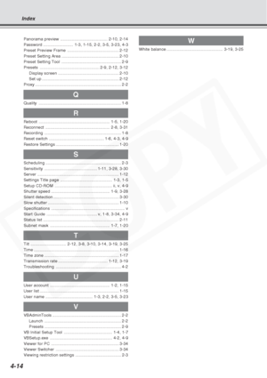 Page 94
4-14
Index
Panorama preview......................................... 2-10, 2-14
Password .......................... 1-3, 1-15, 2-2, 3-5, 3-23, 4-3
Preset Preview Frame ............................................. 2-12
Preset Setting Area .................................................. 2-10
Preset Setting Tool .................................................... 2-9
Presets .................................................... 2-9, 2-12, 3-12
Display screen...
