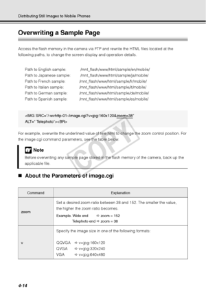 Page 1264-14
Distributing Still Images to Mobile Phones
Overwriting a Sample Page
Access the flash memory in the camera via FTP and rewrite the HTML files located at the 
following paths, to change the screen display and operation details. Path to English sample:   /mnt_flash/www/html/sample/en/mobile/
Path to Japanese sample:  /mnt_flash/www/html/sample/ja/mobile/
Path to French sample: /mnt_flash/www/html/sample/fr/mobile/
Path to Italian sample: /mnt_flash/www/html/sample/it/mobile/
Path to German sample:...