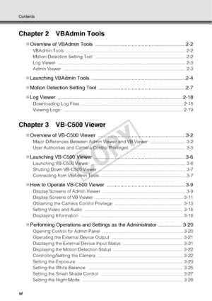 Page 6vi
Contents
Chapter 2 VBAdmin Tools
„Overview of VBAdmin Tool s .......................................................... ...... 2-2
VBAdmin Tools  ............................................................................................... 2-2
Motion Detection Setting Tool  ........................................................................ 2-2
Log Viewer  ..................................................................................................... 2-3
Admin Viewer...