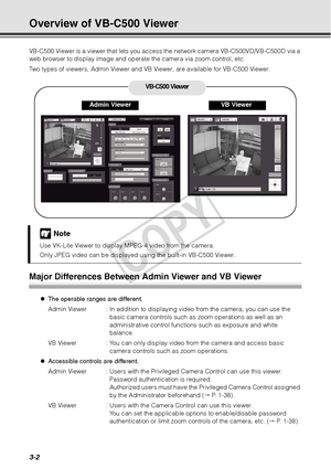 Page 863-2
Overview of VB-C500 Viewer
VB-C500 Viewer is a viewer that lets you access the network camera VB-C500VD/VB-C500D via a 
web browser to display image and operate the camera via zoom control, etc. 
Two types of viewers, Admin Viewer and VB  Viewer, are available for VB-C500 Viewer.
Major Differences Between Admin Viewer and VB Viewer 
zThe operable ranges are different. 
Admin Viewer : In addition to displaying video from the camera, you can use the 
basic camera controls such as zoom operations as...