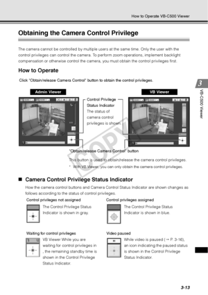 Page 973-13
How to Operate VB-C500 Viewer
VB-C500 Viewer
Obtaining the Camera Control Privilege
The camera cannot be controlled by multiple users at the same time. Only the user with the 
control privileges can control the camera. To perform zoom operations, implement backlight 
compensation or otherwise control the camera, y ou must obtain the control privileges first. 
How to Operate 
„Camera Control Privilege Status Indicator
How the camera control buttons and Camera Control Status Indicator are shown...