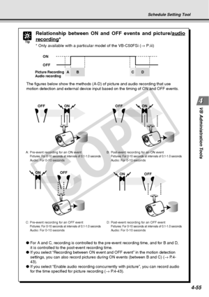 Page 127
4-55
VB Administration Tools
Schedule Setting Tool
Tip
Relationship between ON and OFF events and picture/audio
recording*
* Only available with a particular model of the VB-C50FSi ( → P.iii)
ONOFFONOFF
ON
OFF
Picture Recording
A udio recordingAB CD
ONOFF
The figures below show the methods (A-D) of picture and audio recording that use 
motion detection and external device input based on the timing of ON and OFF events. 
● For A and C, recording is controlled to the pre-event recording time, and for B...