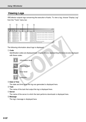 Page 202
6-32
Viewing Logs
VBCollector outputs logs concerning the execution of tasks. To view a lo\
g, choose “Display Log”
from the “Tools” menu bar.
The following information about logs is displayed:
qCode
Identification codes are displayed here. 4 types of icons representing t\
he level are also displayed
with these codes.
Information level
Warning level
Error level
Unknown
w Date & Time
The date and time when the log was generated is displayed here.
e Task
The name of the task that output the log is...