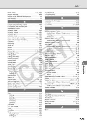 Page 237
7-29
Appendix
Index
Reset switch................................................... 1-10, 7-22
Restore Settings ....................................................... 3-29
Restore to the previous Setting button ...................... 3-4
Root Account .............................................................. 3-5
S
Sample Network Configurations ..............................7-19
Save Setting and Reboot button ............................... 3-4
Save Setting button...