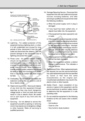 Page 13
xiii
fig-1
EXAMPLE OF ANTENNA GROUNDING AS 
PER NATIONAL ELECTRICAL CODEANTENNA 
LEAD IN WIRE
ANTENNA 
DISCHARGE 
UNIT (NEC 
SECTION 810-20)GROUNDING 
CONDUCTORS 
(NEC SECTION 
810-21)
GROUNDING CLAMPS
POWER SERVICE 
GROUNDING ELECTRODE 
SYSTEM
(NEC ART 250. PART H)
NEC — NATIONAL ELECTRIC CODE ELECTRIC 
SERVICE 
EQUIPMENTGROUNDING 
CLAMP
13.
Lightning - For added protection of this
equipment during a lightning storm, or when
it is left unattended and unused for long
periods of time, disconnect it from...