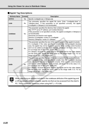 Page 162
5-20
Using the Viewer for Java to Distribute Videos
Tip
When specifying an address included in the codebase attribute of the app\
let tag and
a URL parameter of the LiveApplet, specify one that can be accessed from\
 the client’s
PC. This is particular necessary when using NAT (→ P.5-26).
Specify LiveApplet.zip or Glimpse.zip.Ye sarchive
This parameter specifies the applet file name. Enter “LiveApplet.clas\
s” or 
“Glimpse.class”. If this parameter is not specified correctly, the\
 applet 
(LiveApplet...