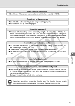 Page 211
7-3
Appendix
Troubleshooting
I forgot the password.
●All factory defaults settings can be restored by using the Reset switch \
( → P.7-22).  The
default administration password is “VB-C50i”. The VB-C50FSi/VB-C50\
Fi’s settings will
need to be made again, since all network settings such as the IP address\
es and subnet
masks are also restored to the factory defaults. Saved web page data is \
also deleted.
I can’t control the camera.
● Check to see if the camera zoom position is restricted to a preset ( →...