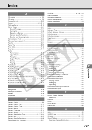 Page 235
7-27
Appendix
Index
A
AC adapter........................................................... iv,  2-6
AC cable ............................................................... iv,  2-6
Access Control ......................................................... 3-20
Account ............................................................. 4-5, 6-14
Adding a Server ....................................................... 6-13
Admin Viewer ........................................................... 4-61
Special...