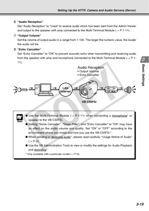 Page 61
3-19
Basic Settings
Setting Up the HTTP, Camera and Audio Servers (Server)
Audio Reception
• Output Volume
• Echo Canceller
Note
●Use the Multi-Terminal Module ( → P.1-11) when connecting a microphone* or
speaker to the VB-C50FSi.
● Setting “Noise Canceller”, “Slope Filter”, and “Echo Canc\
eller” to “ON” may have
an effect on the audio volume and quality. Set “ON” or “OFF”\
 according to the
environment where you install and how you use the VB-C50FSi.*
● When sending or 
receiving audio*, please read...