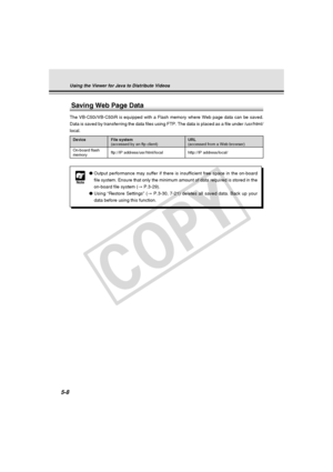 Page 152
5-8
Using the Viewer for Java to Distribute Videos
Saving Web Page Data
The VB-C50i/VB-C50iR is equipped with a Flash memory where Web page data can be saved.
Data is saved by transferring the data files using FTP. The data is plac\
ed as a file under /usr/html/
local.
Device File system URL(accessed by an ftp client) (accessed from a Web browser)
On-board flashftp://IP address/usr/html/local http://IP address/local/
memory
Note
● Output performance may suffer if there is insufficient free space in the\...