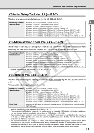 Page 21
1-5
Before Using the VB-C50i/VB-C50iR
Hardware and Software Requirements
VB Administration Tools Ver. 2.2 (→ P.4-2)
This tool lets you create panorama pictures from the VB-C50i/VB-C50iR an\
d then easily use them
to visually set view restrictions and presets. You can also set schedule\
s with this tool.
Operating System/Windows 2000(SP4) / Internet Explorer 6.0(SP1)Web BrowserWindows XP(SP1a) / Internet Explorer 6.0(SP1)
Windows XP(SP2) / Internet Explorer 6.0(SP2) or 7.0
Windows Server 2003 Standard...
