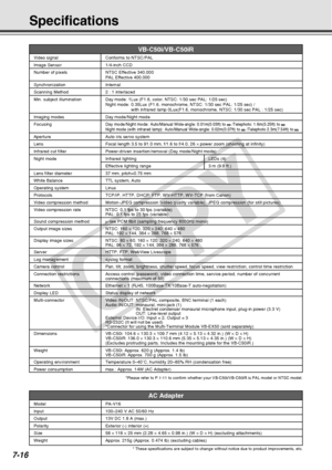 Page 228
7-16
VB-C50i/VB-C50iRVideo signal Conforms to NTSC/PALImage Sensor 1/4-inch CCDNumber of pixels NTSC Effective 340,000PAL Effective 400,000
Synchronization InternalScanning Method 2 : 1 interlacedMin. subject illumination Day mode: 1Lux (F1.6, color, NTSC: 1/30 sec PAL: 1/25 sec)Night mode: 0.35Lux (F1.6, monochrome, NTSC: 1/30 sec PAL: 1/25 sec) /with infrared lamp 0Lux(F1.6, monochrome, NTSC: 1/30 sec PAL : 1/25 sec\
)
Imaging modes Day mode/Night modeFocusingDay mode/Night mode: Auto/Manual...