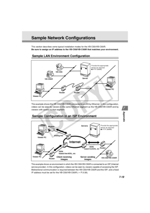 Page 231
7-19
Appendix
Sample Network Configurations
This section describes some typical installation modes for the VB-C50i/V\
B-C50iR.
Be sure to assign an IP address to the VB-C50i/VB-C50iR that matches you\
r environment.
This example shows the VB-C50i/VB-C50iR connected to a LAN by Ethernet. \
In this configuration,
videos can be seen by viewers in the same Ethernet segment as the VB-C50\
i/VB-C50iR and by
viewers with access to that segment.
Sample Configuration in an ISP Environment
This example shows an...