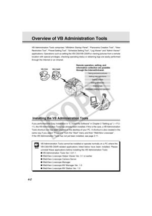 Page 72
4-2
Overview of VB Administration Tools
VB Administration Tools comprises “VBAdmin Startup Panel”, “Pan\
orama Creation Tool”, “View
Restriction Tool”, “Preset Setting Tool”, “Schedule Setting \
Tool”, “Log Viewer” and “Admin Viewer”
applications. Operations such as setting the VB-C50i/VB-C50iR or viewing\
 pictures from a remote
location with special privileges, checking operating status or obtaining\
 logs are easily performed
through the Internet or an intranet.
Installing the VB Administration...
