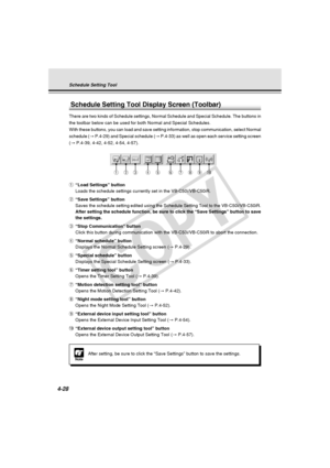 Page 98
4-28
Schedule Setting Tool Display Screen (Toolbar)
There are two kinds of Schedule settings, Normal Schedule and Special Sc\
hedule. The buttons in
the toolbar below can be used for both Normal and Special Schedules.
With these buttons, you can load and save setting information, stop comm\
unication, select Normal
schedule (→ P.4-29) and Special schedule ( → P.4-33) as well as open each service setting screen
( →  P.4-39, 4-42, 4-52, 4-54, 4-57).
q “Load Settings” button
Loads the schedule settings...