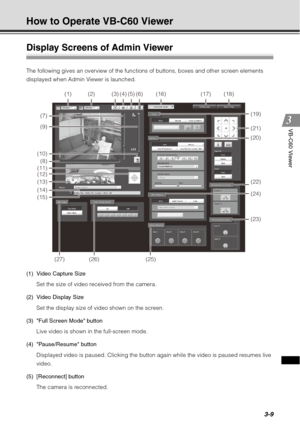 Page 1253-9
VB-C60 Viewer
How to Operate VB-C60 Viewer
Display Screens of Admin Viewer
The following gives an overview of the functions of buttons, boxes and other screen elements 
displayed when Admin Viewer is launched.
(1) Video Capture SizeSet the size of video received from the camera.
(2) Video Display Size Set the display size of video shown on the screen.
(3) Full Screen Mode button Live video is shown in the full-screen mode.
(4) Pause/Resume button Displayed video is paused. Clicking the button  again...