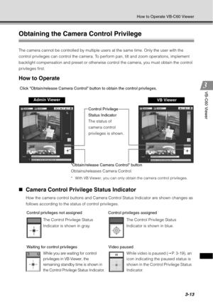 Page 1293-13
How to Operate VB-C60 Viewer
VB-C60 Viewer
Obtaining the Camera Control Privilege
The camera cannot be controlled by multiple users at the same time. Only the user with the 
control privileges can control the camera. To perform pan, tilt and zoom operations, implement 
backlight compensation and preset  or otherwise control the camera, you must obtain the control 
privileges first.
How to Operate
„ Camera Control Privilege Status Indicator
How the camera control buttons and Camera Control Status...